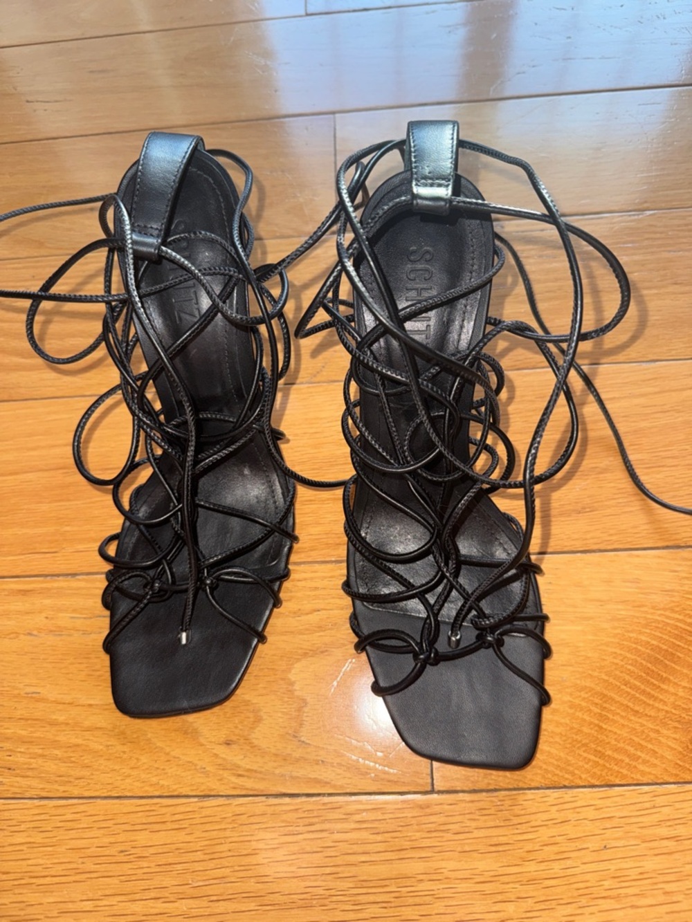 SCHUTZ Black Lace-Up Strappy Heeled Sandals